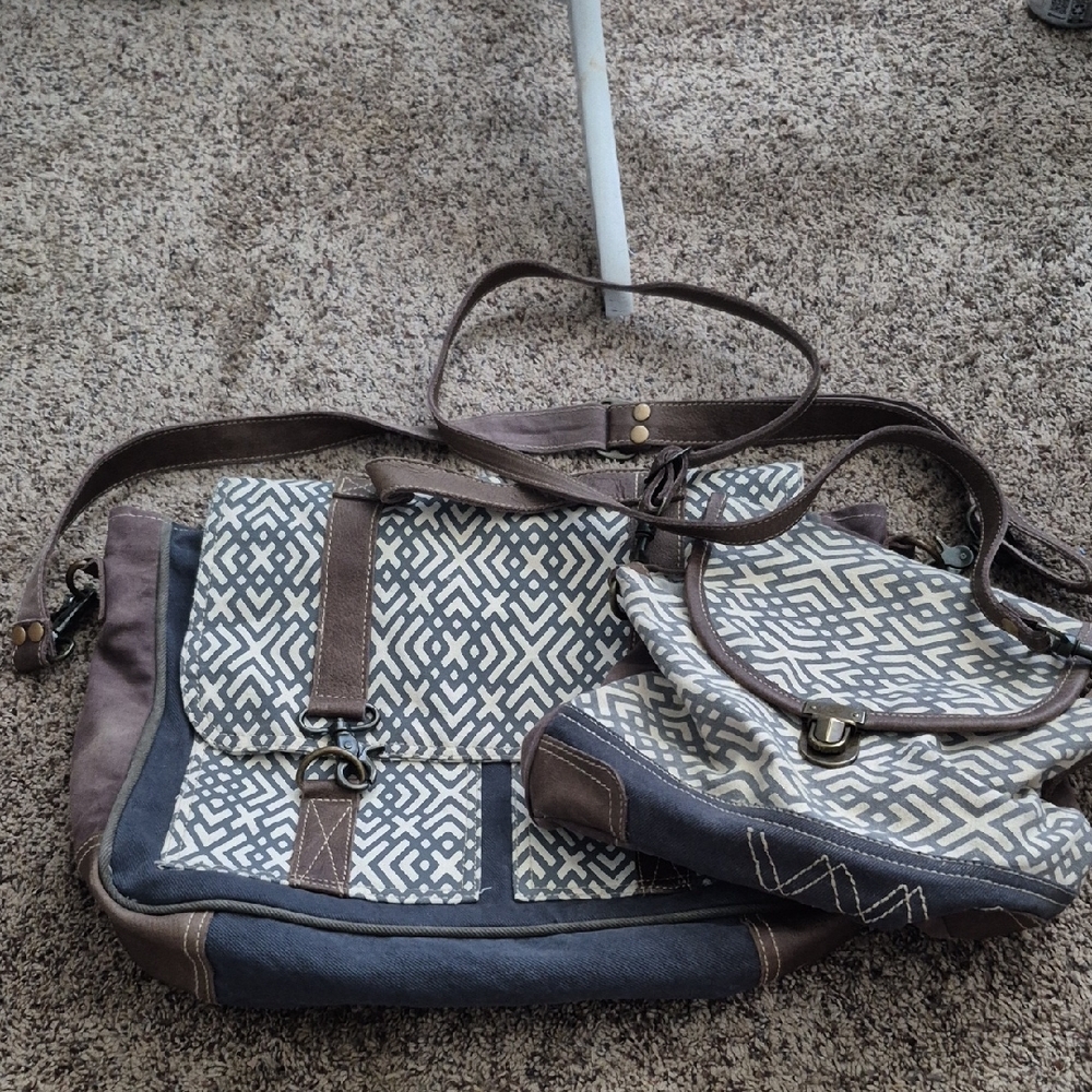 Myra Bag Blue and Brown Geometric Messenger Bag